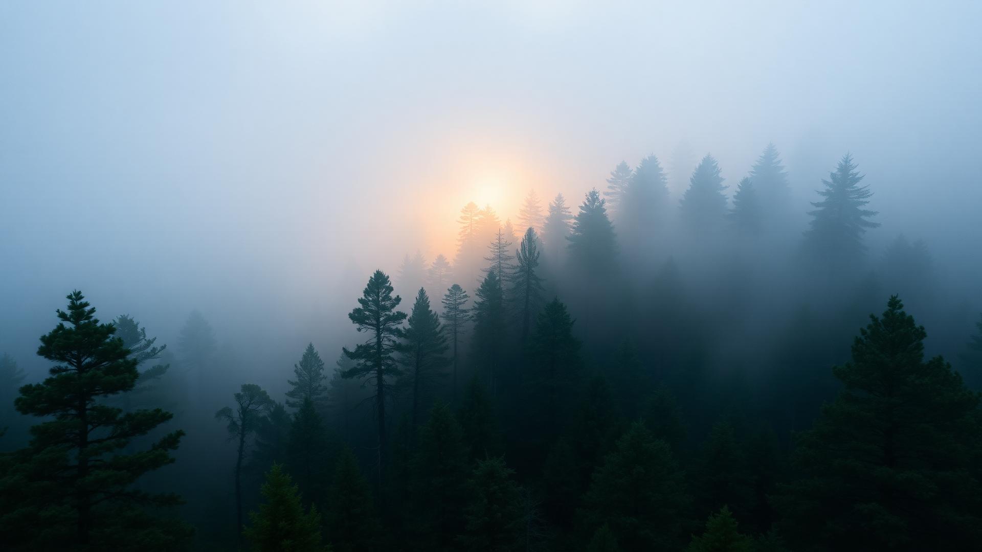 Bosque de pinos antiguo envuelto en niebla al amanecer